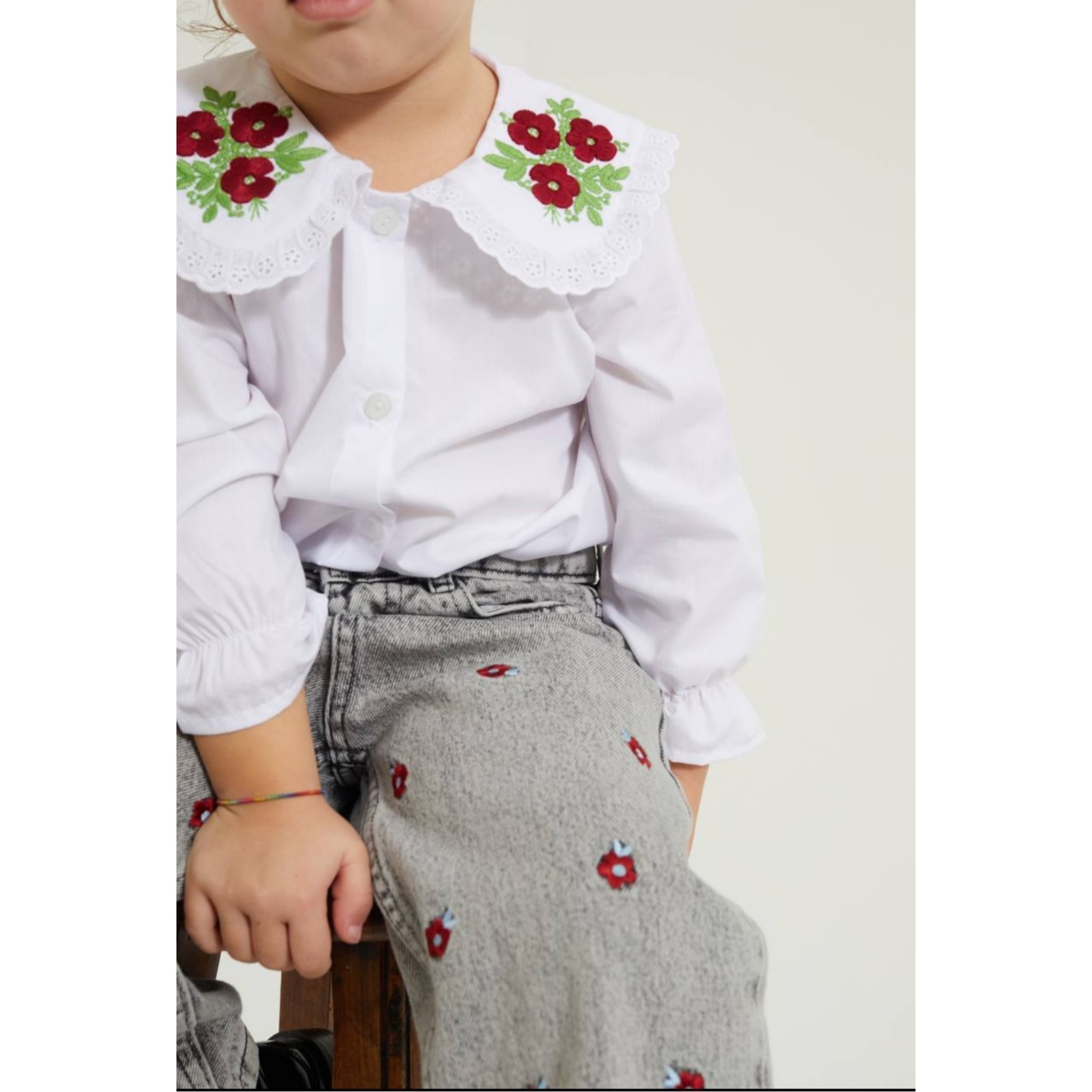 Füme Rengi,Bordo Çiçekli Kız Çocuk Pantolon