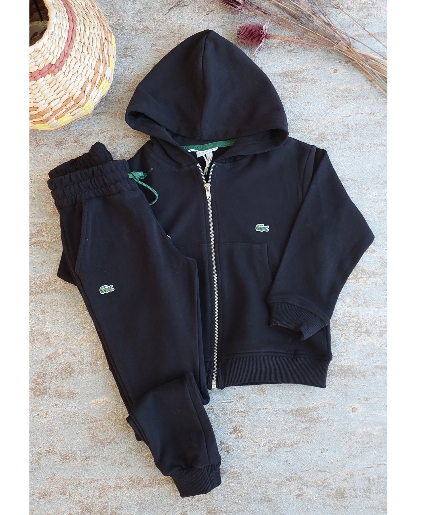 Siyah,Fermuarlı,Kapüşonlu,3 İplik Şardonsuz Unisex Takım