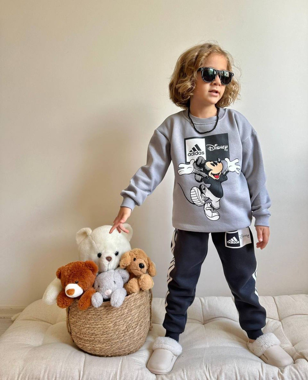 Gri Renk, Mickey Baskılı,3 İplik Şardonlu Unisex Eşofman Takımı