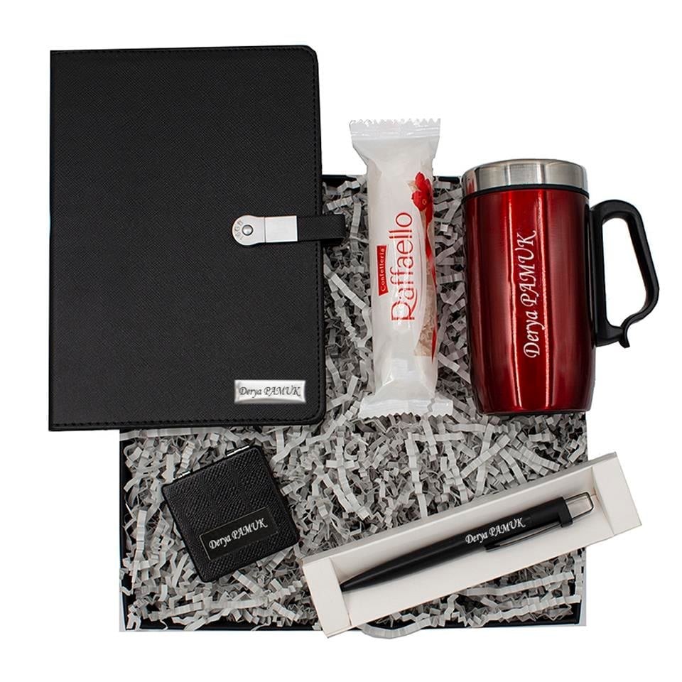 Kişiye Özel Elegant Usb'li Defter Termos Bardak Tükenmez Kalem Ayna ve Çikolata Hediye Kutusu