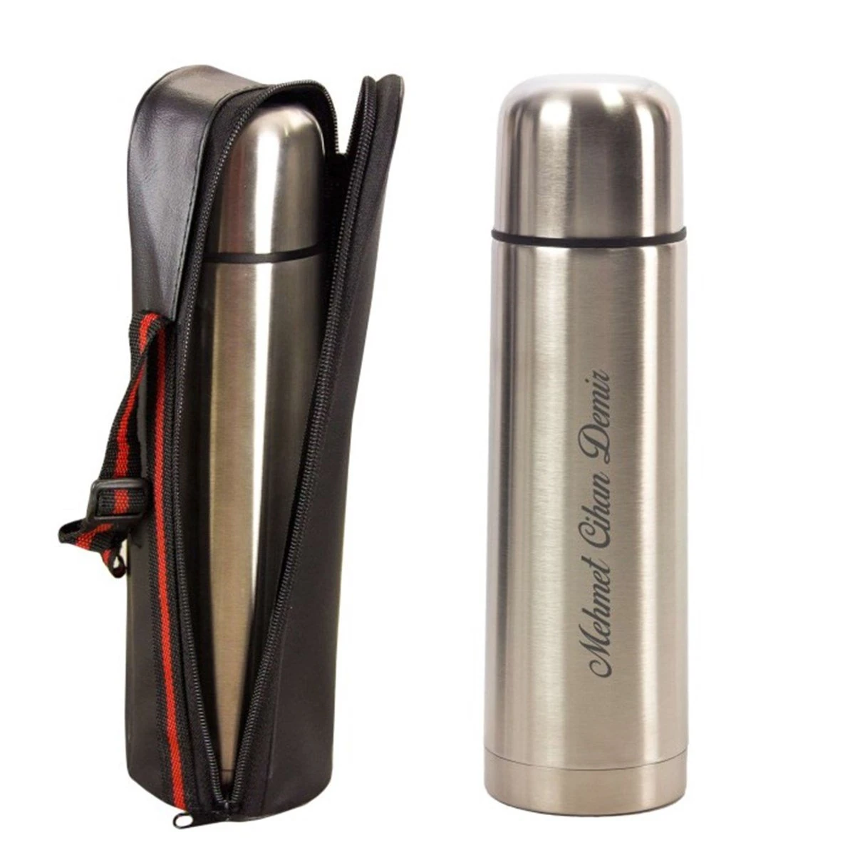 Deri Taşıma Çantalı Bardaklı Kişiye Özel Termos 750 ml (Krom)