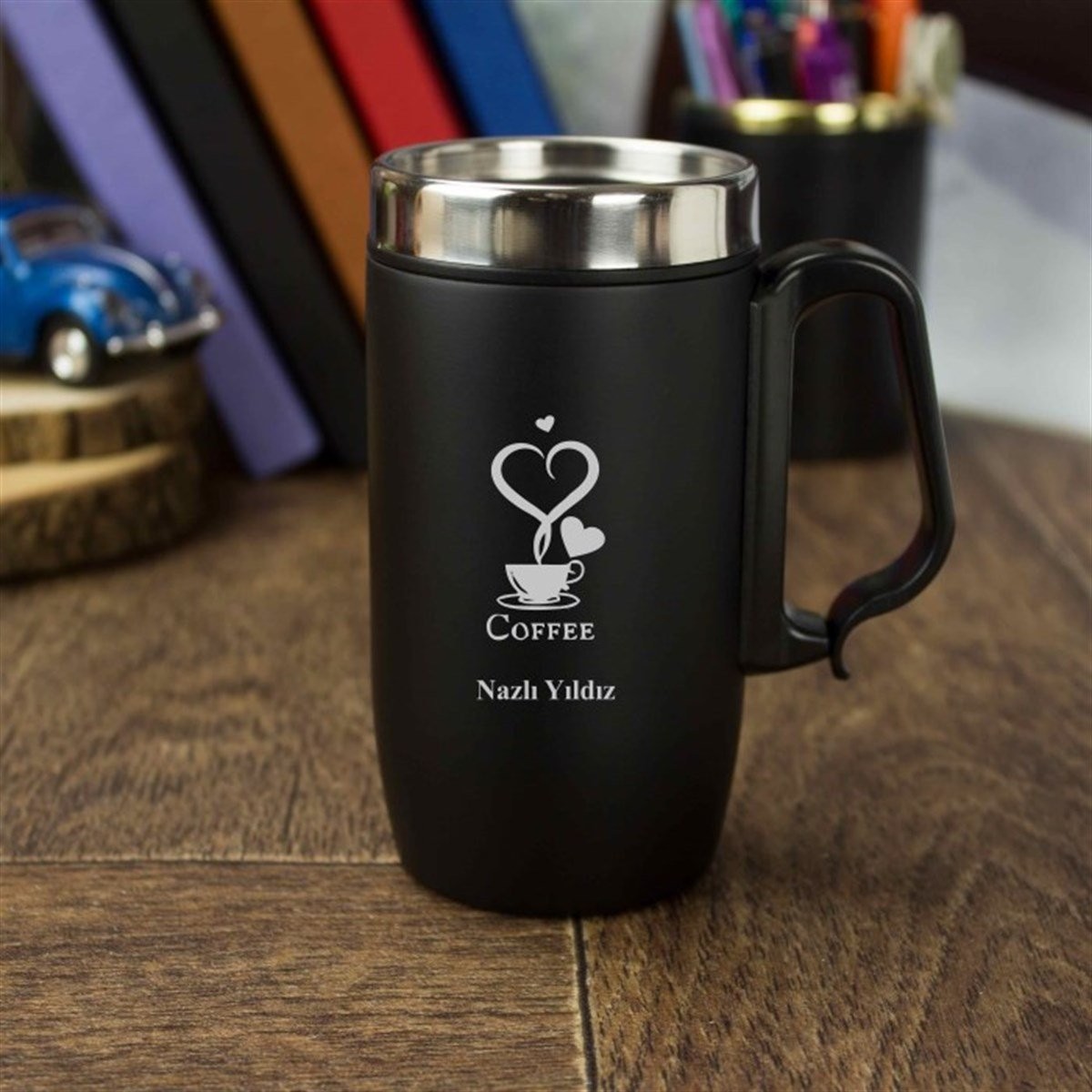 Kişiye Özel Kulplu Çelik Termos Bardak Mat Siyah 240 ml - Coffee