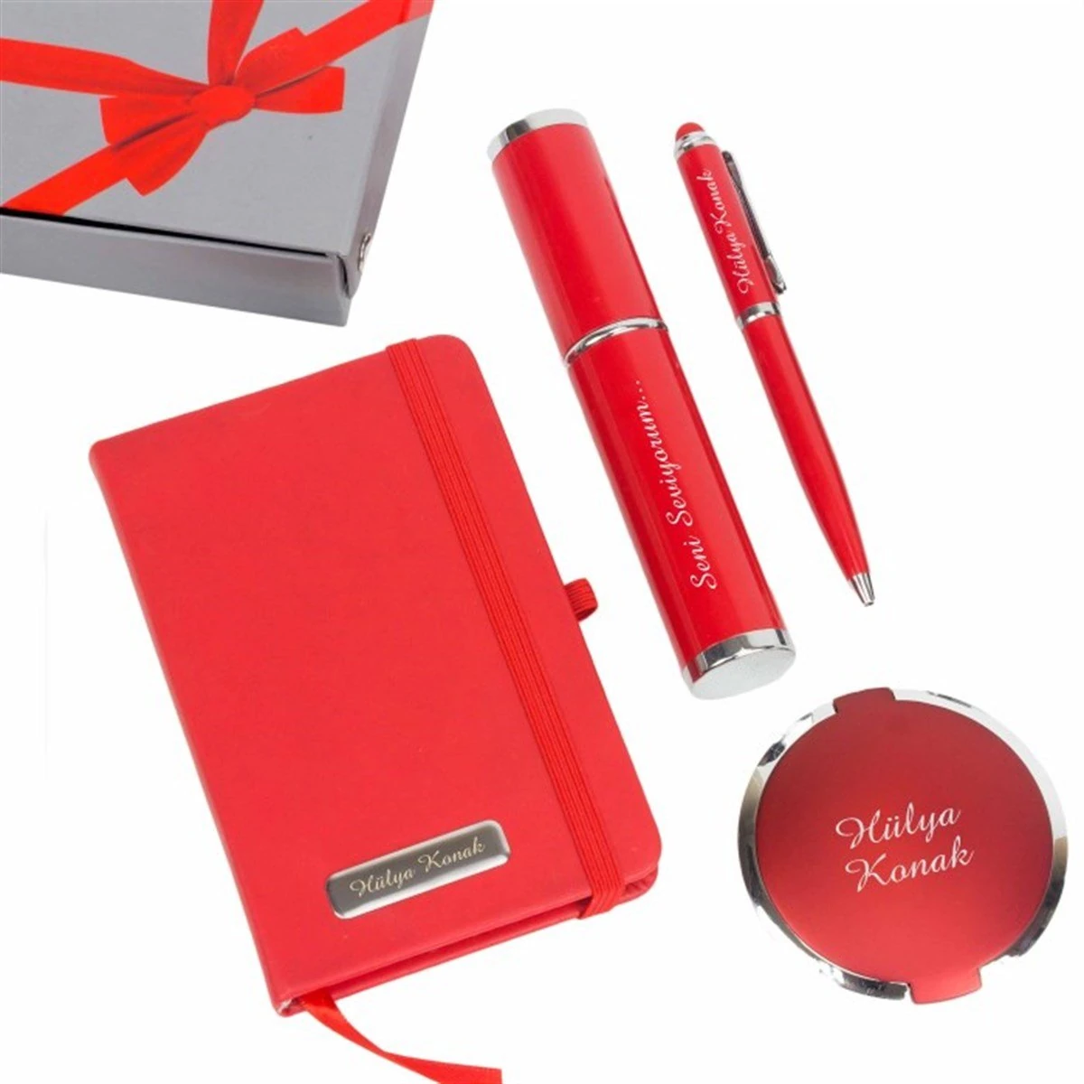 Kişiye Özel Kırmızı Cep Defteri Kutulu Tükenmez Kalem ve Ayna Seti