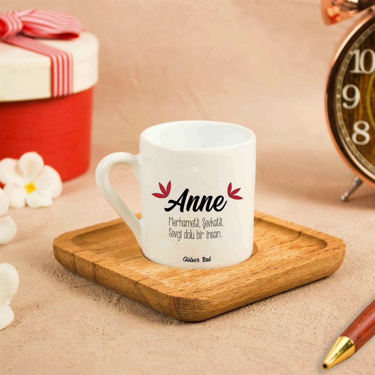 Kişiye Özel Ahşap Altlıklı Fincan Seti - Anne