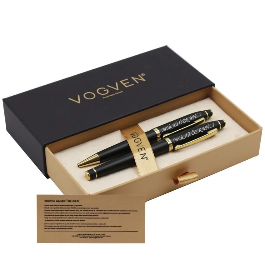 Vogven Marka Kişiye Özel Prestij Gold Renk Roller ve Tükenmez 2'li Kalem Seti