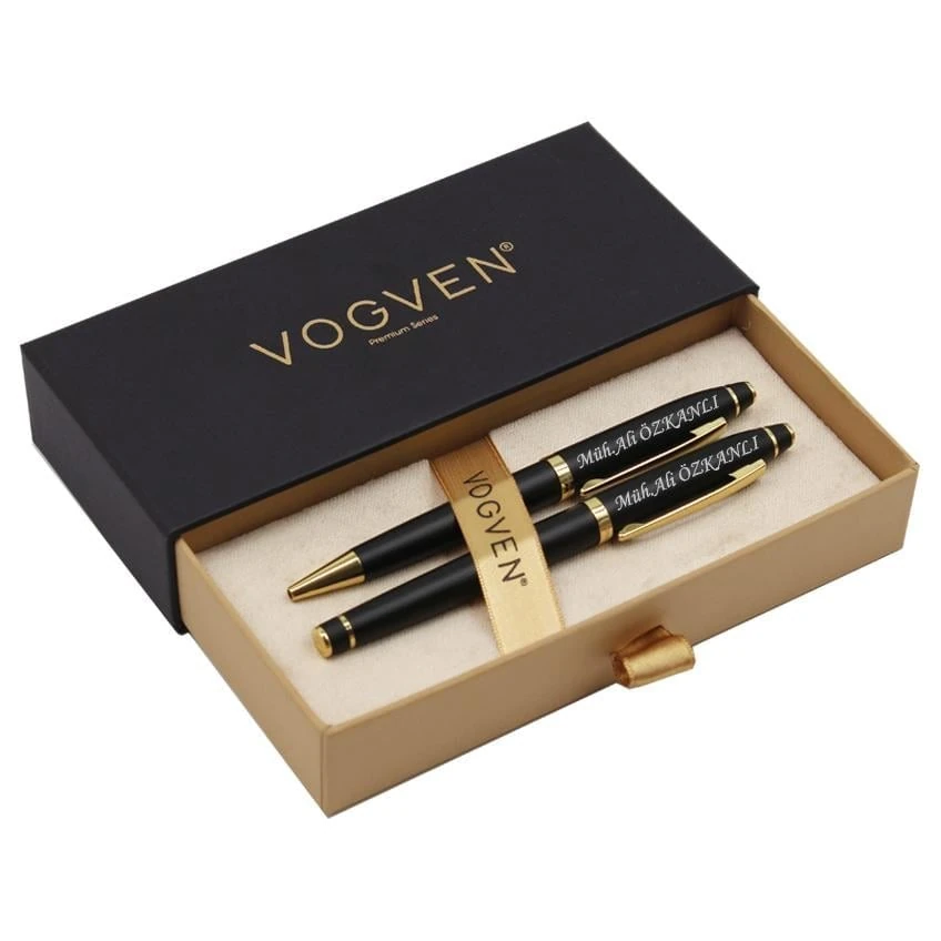 Vogven Marka Kişiye Özel Prestij Gold Renk Roller ve Tükenmez 2'li Kalem Seti