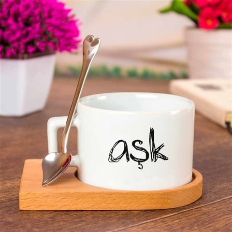 Ahşap Tepsili Kahve Çay Fincanı Seti - Aşk