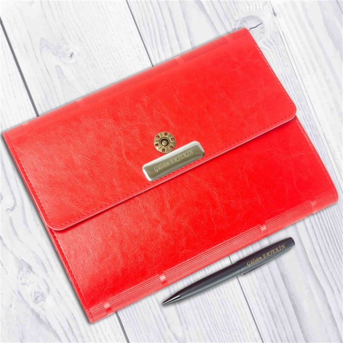 Kişiye Özel Çantalı Organizerli Premium Defter ve Kalem Seti - Kırmızı
