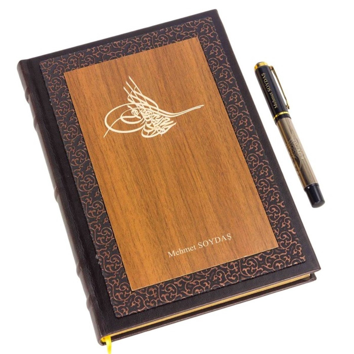Kişiye Özel Ahşap Kapaklı Tuğra Figürlü Defter ve Metal Kalem Seti