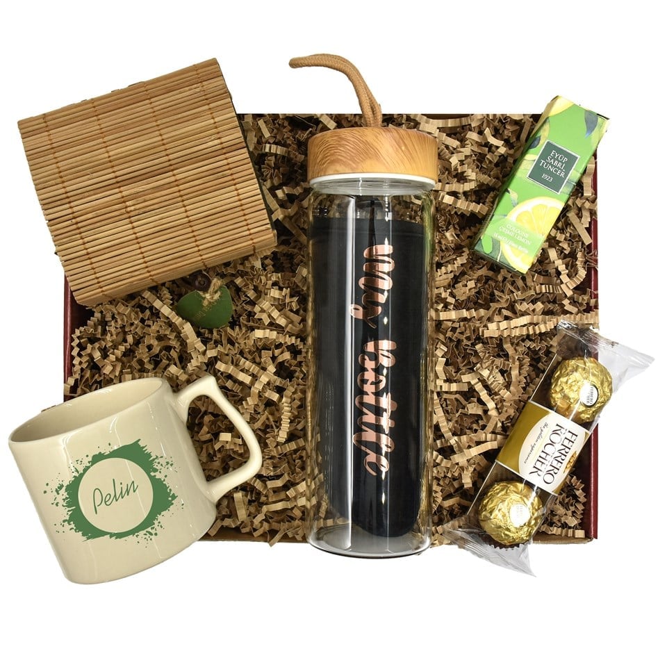 Kişiye Özel Defter Cam Matara Kolonya Kalem ve Çikolata Hediye Kutusu - Siyah