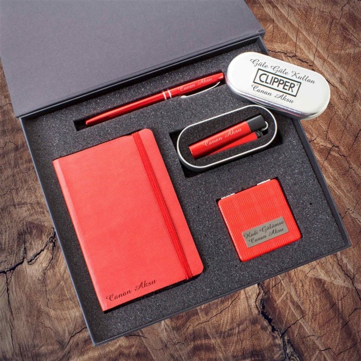 Kişiye Özel Hediyelik Defter Roller Kalem Ayna ve Çakmak Seti