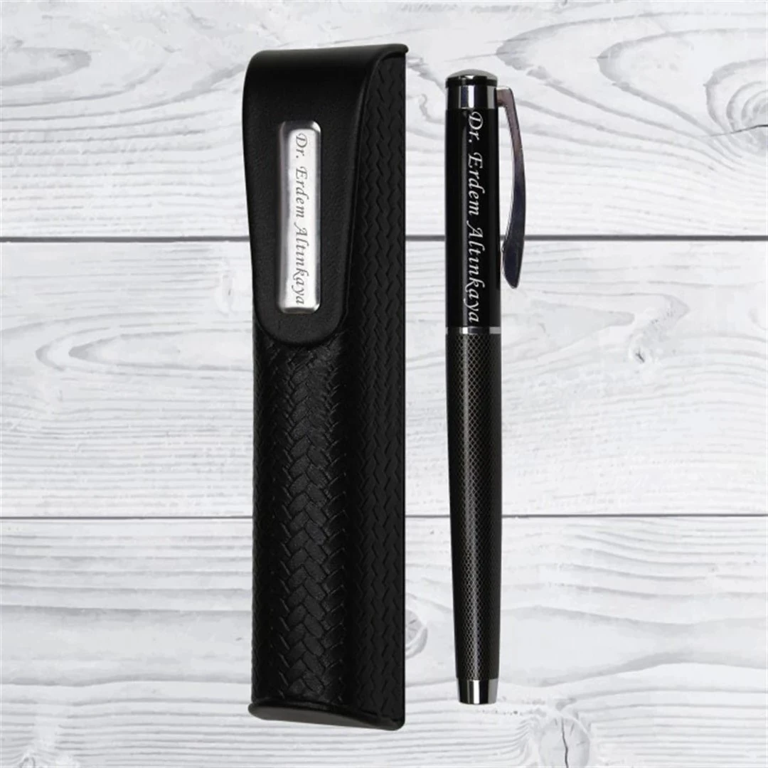 Kişiye Özel Deri Kutulu Desenli Metal Roller Kalem