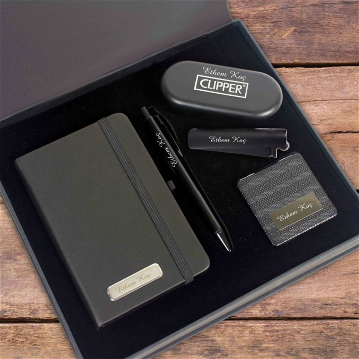 Kişiye Özel Exclusive Defter Kalem Ayna ve Çakmak Kutulu Seti - Siyah