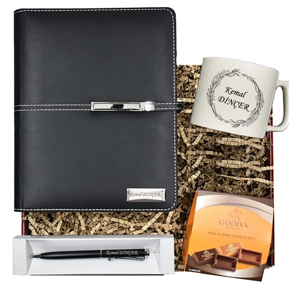 Kişiye Özel Hediye Kutulu Pembe Çiçek Çerçeveli Defter Cam Matara Kolonya ve Kalem