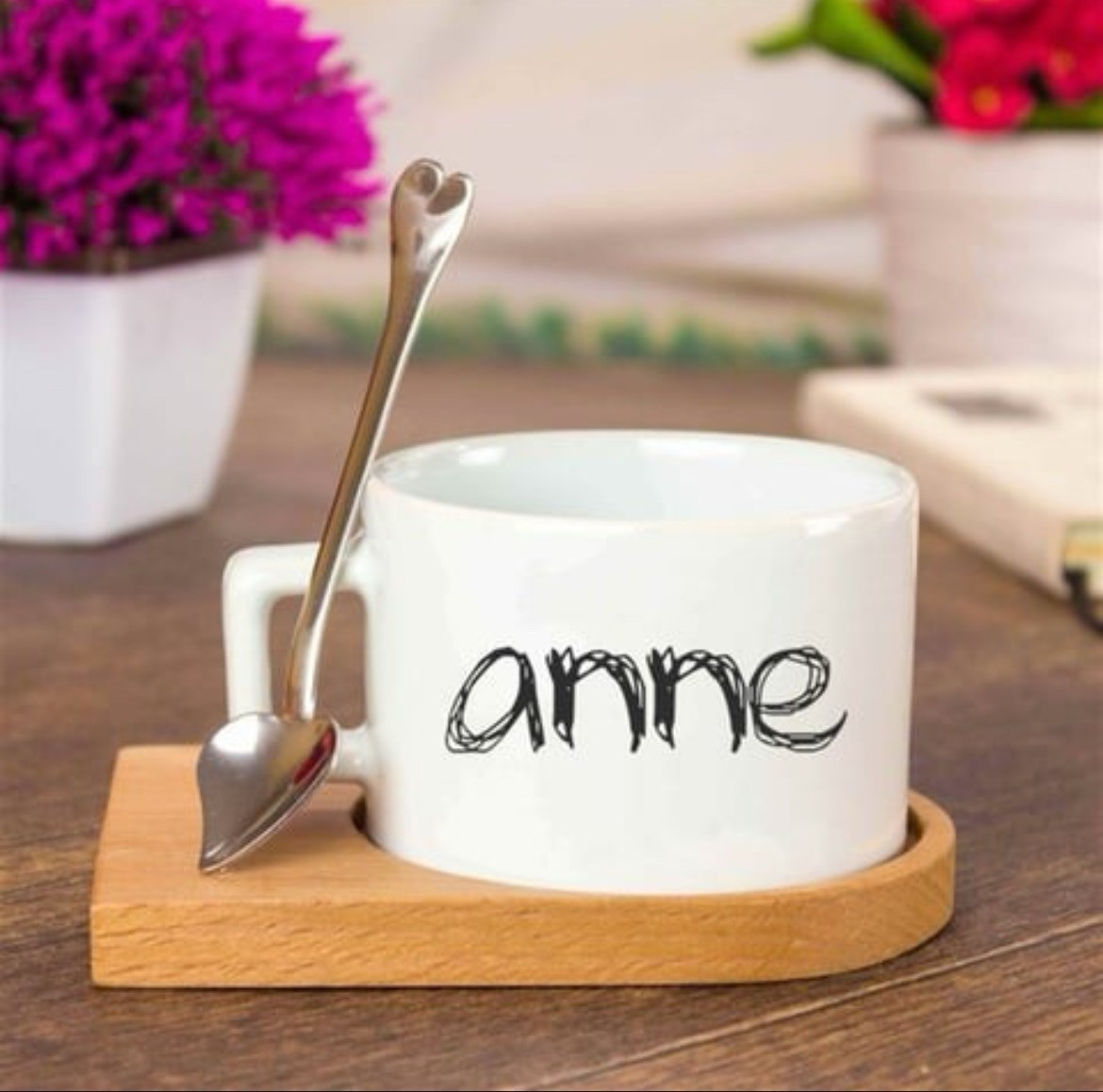 Ahşap Tepsili Kahve Çay Fincanı Seti - Anne Baba
