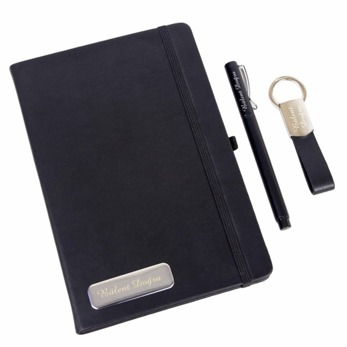 Kutulu Özel Siyah Defter Anahtarlık ve Kalem Seti