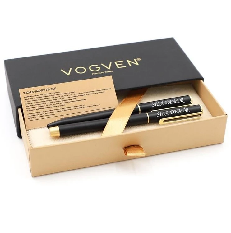 Vogven Marka Kişiye Özel Gold Detaylı Roller ve Tükenmez Kalem Seti