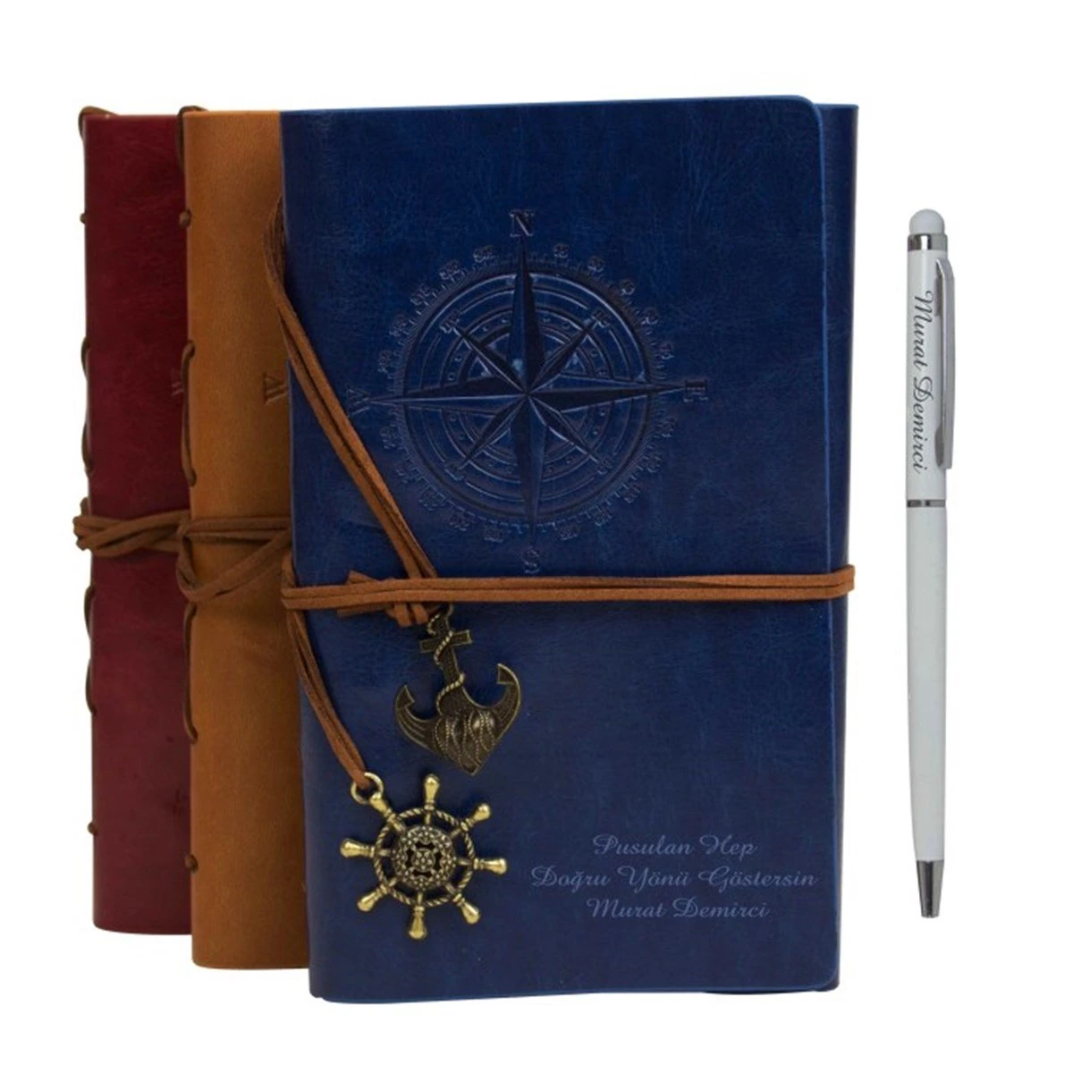 Kişiye Özel Deri Kapaklı Pusula Temalı Şık Hatıra Defteri ve Kalem Seti M2