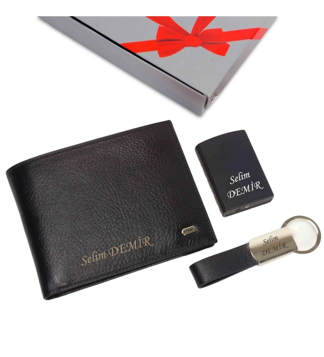 Kişiye Özel Vekar Deri Cüzdan Anahtarlık ve Çakmak Seti Tasarım Kutulu