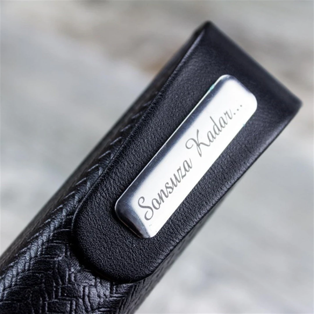 Kişiye Özel Deri Kutulu Desenli Metal Roller Kalem