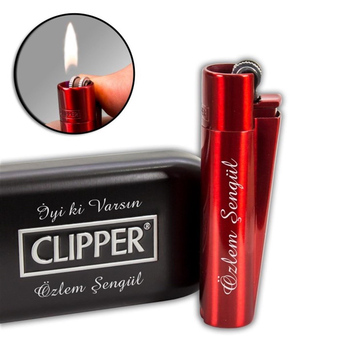 Kişiye Özel Clipper Marka Metal Kırmızı Çakmak