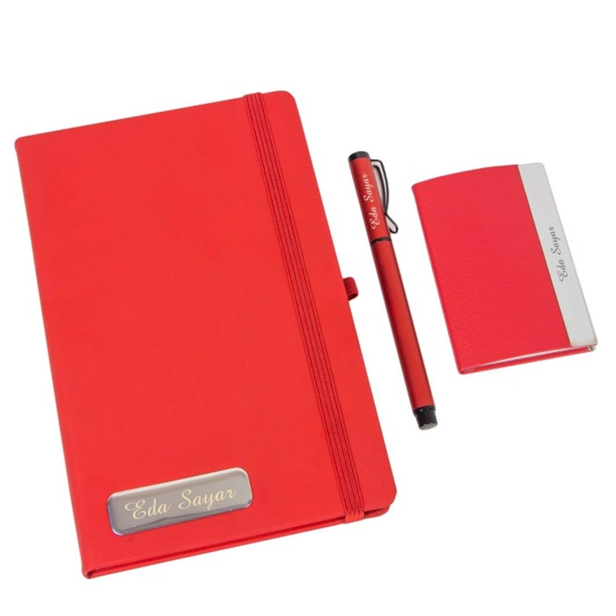 Kişiye Özel Kırmızı Defter Kartvizitlik ve Kalem Seti - Kutulu