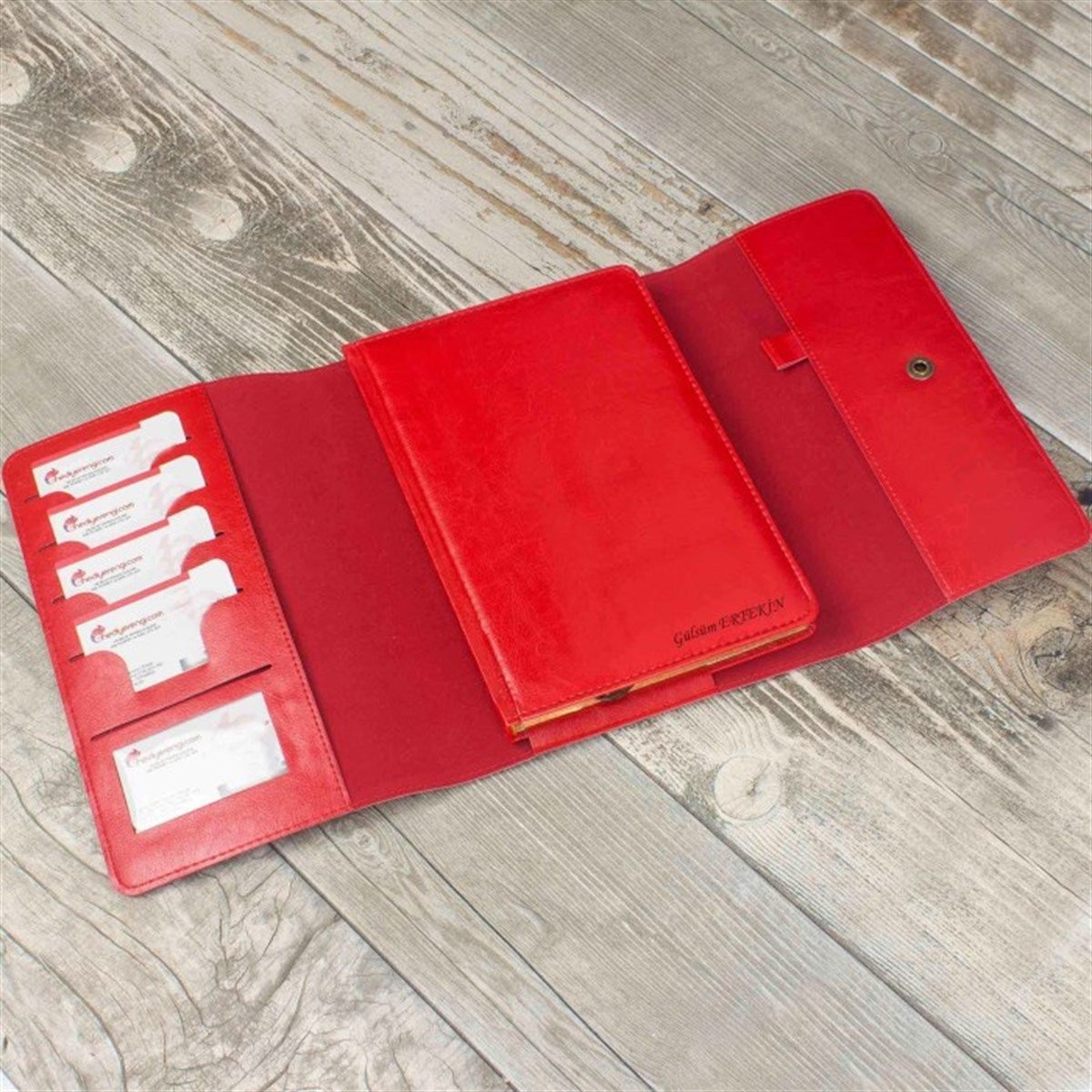 Kişiye Özel Çantalı Organizerli Premium Defter ve Kalem Seti - Kırmızı