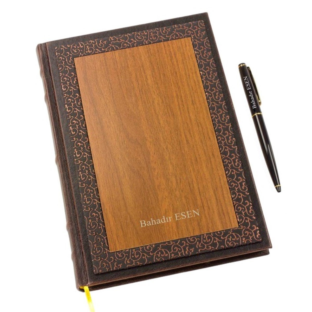 Kişiye Özel Deri İşlemeli Ahşap Büyük Boy Defter ve Kalem Seti