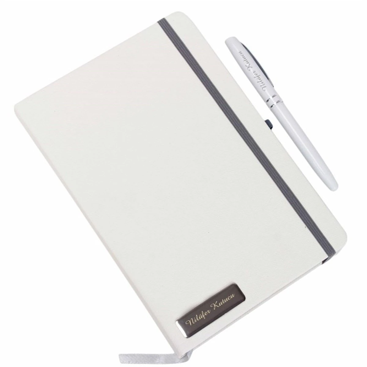 Kişiye Özel Beyaz Renk Çizgili Defter ve Metal Roller Kalem Seti
