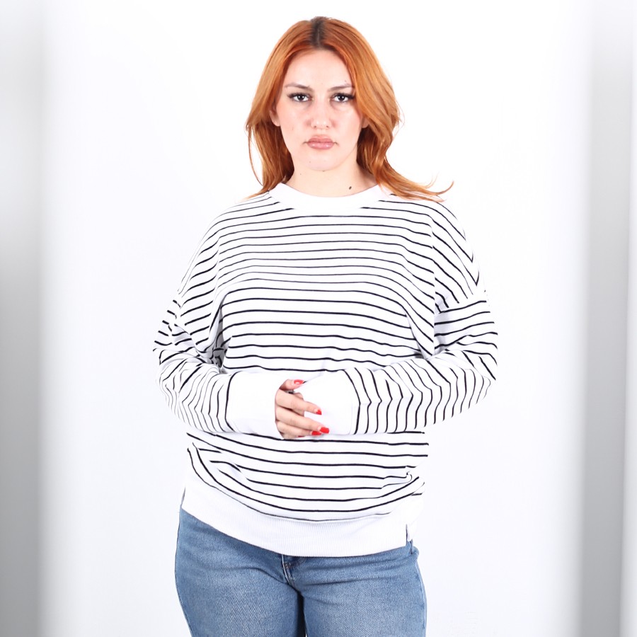 Modavega Sıfır Yaka İnce Çizgili Yırtmaçlı İkiiplik Sweat 9003