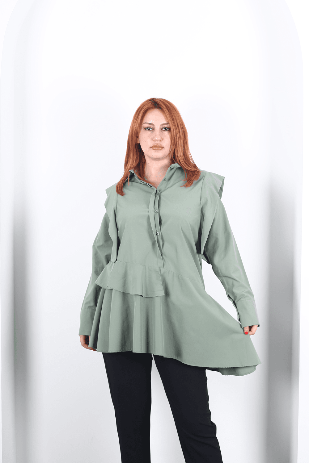 Modavega Asimetrik Kesim Omuzları Valonlu Poplin Tunik 24502
