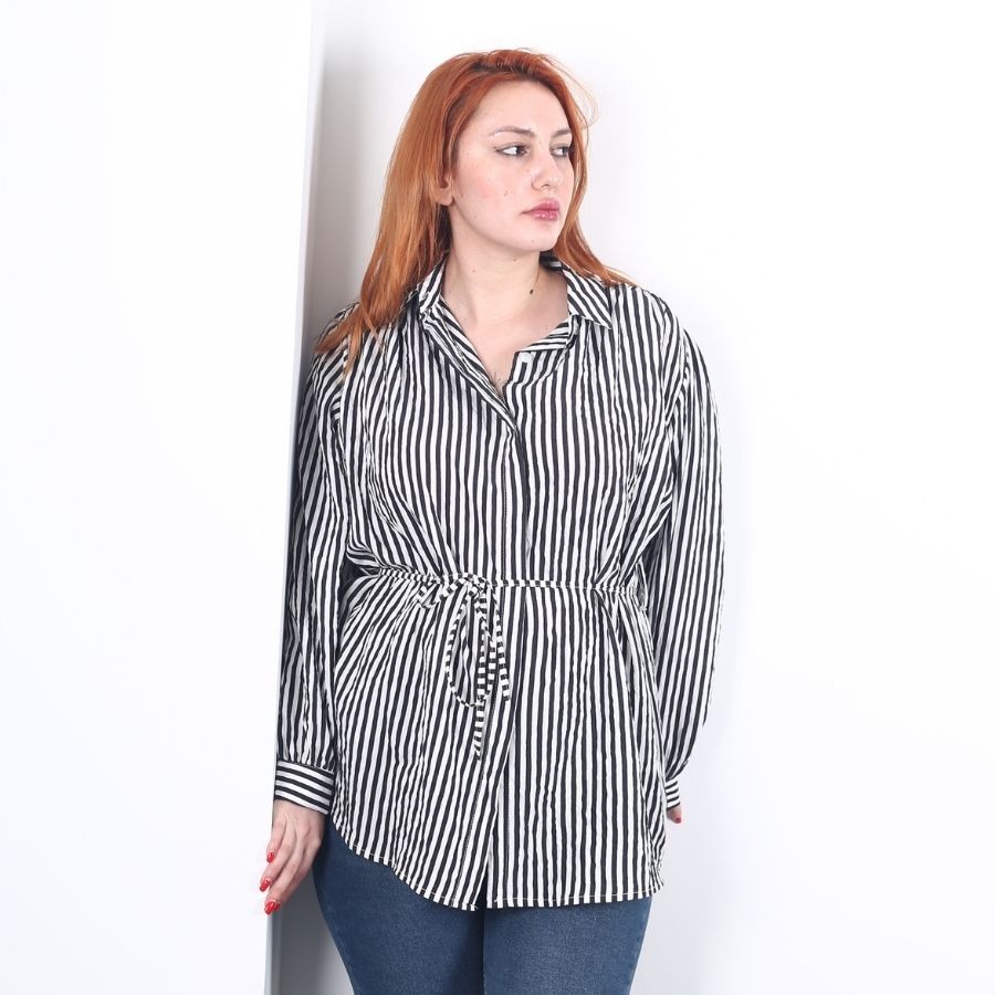 Modavega Çizgili Beli Bağlamalı Gömlek 9325