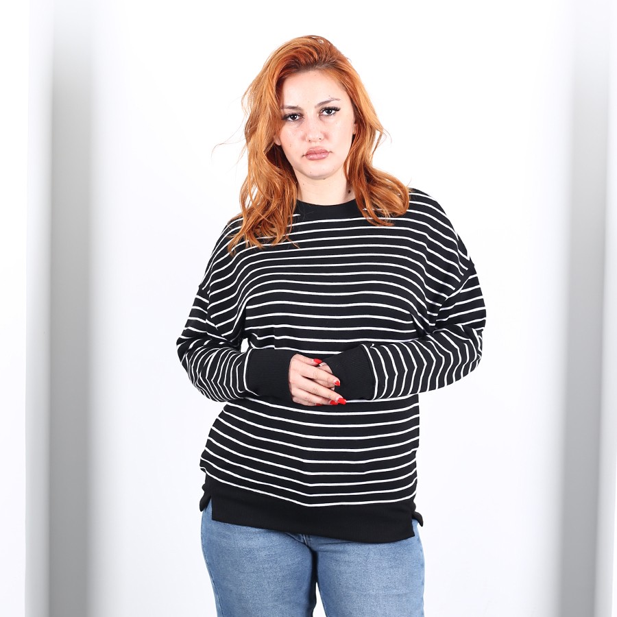 Modavega Sıfır Yaka İnce Çizgili Yırtmaçlı İkiiplik Sweat 9003