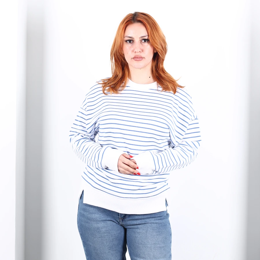 Modavega Sıfır Yaka İnce Çizgili Yırtmaçlı İkiiplik Sweat 9003