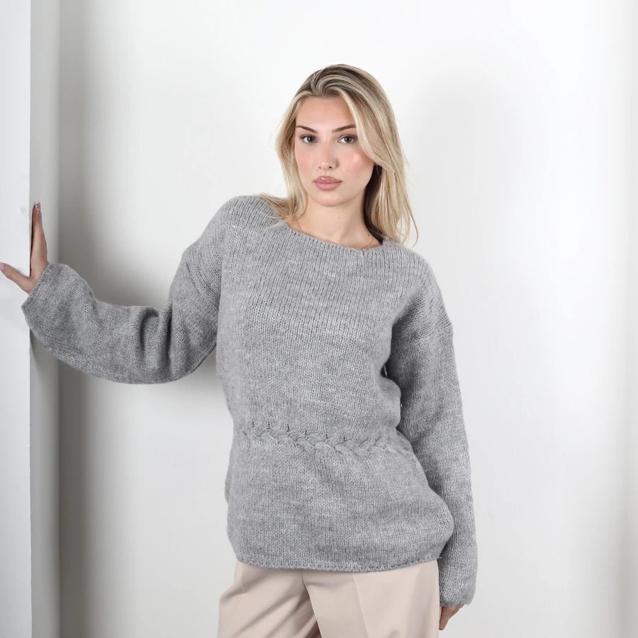 Modavega Beli Saç Örgü Detay Bol Kollu Triko Kazak 7090