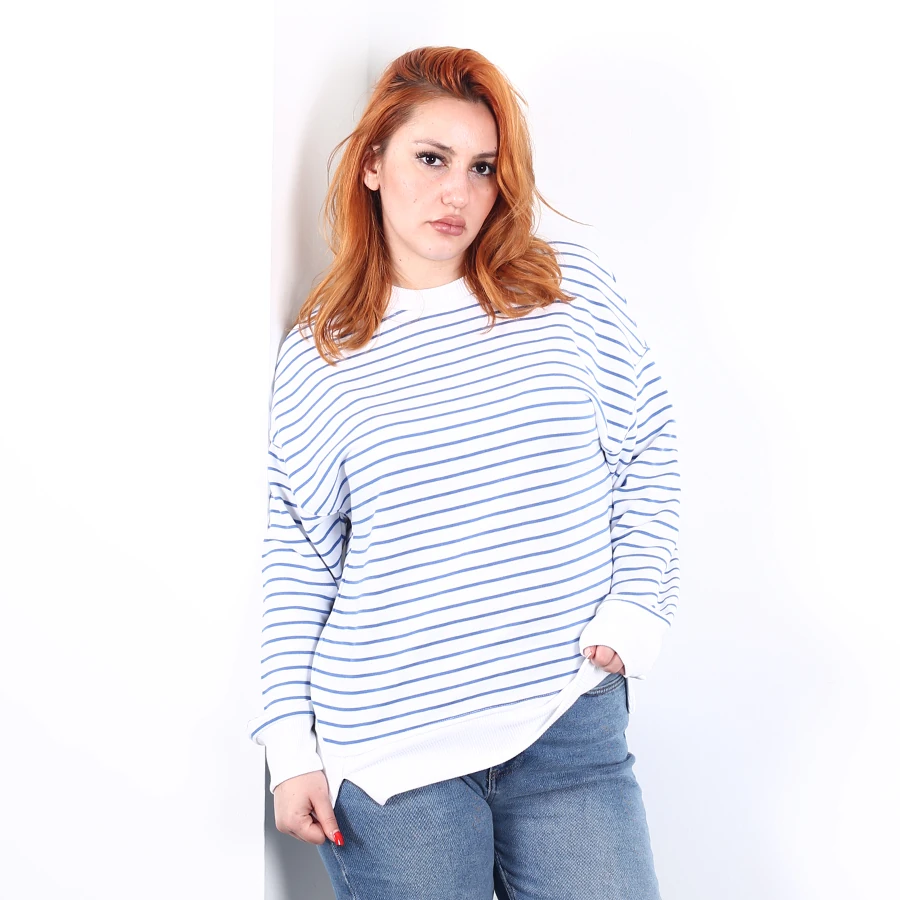 Modavega Sıfır Yaka İnce Çizgili Yırtmaçlı İkiiplik Sweat 9003