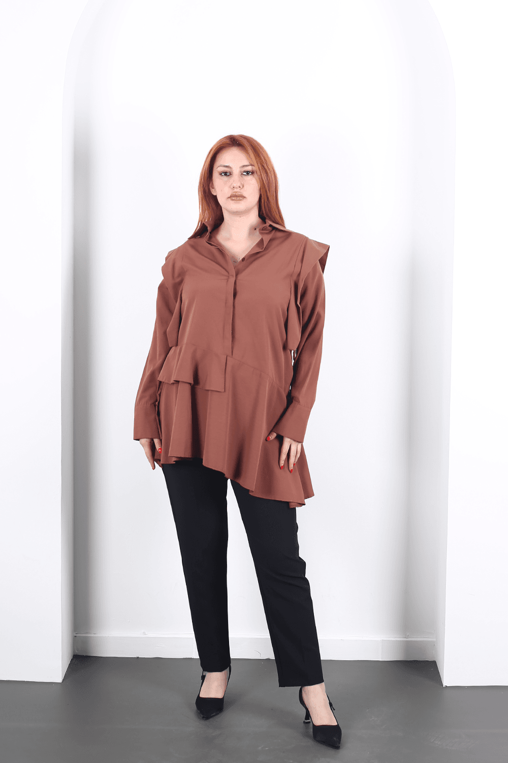Modavega Asimetrik Kesim Omuzları Valonlu Poplin Tunik 24502