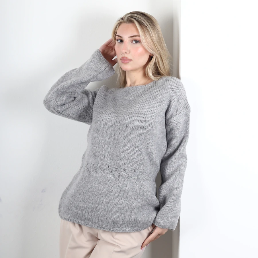 Modavega Beli Saç Örgü Detay Bol Kollu Triko Kazak 7090