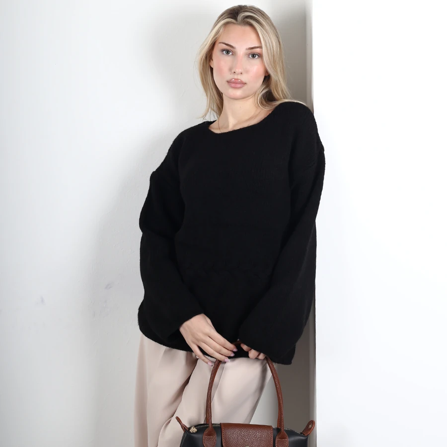 Modavega Beli Saç Örgü Detay Bol Kollu Triko Kazak 7090