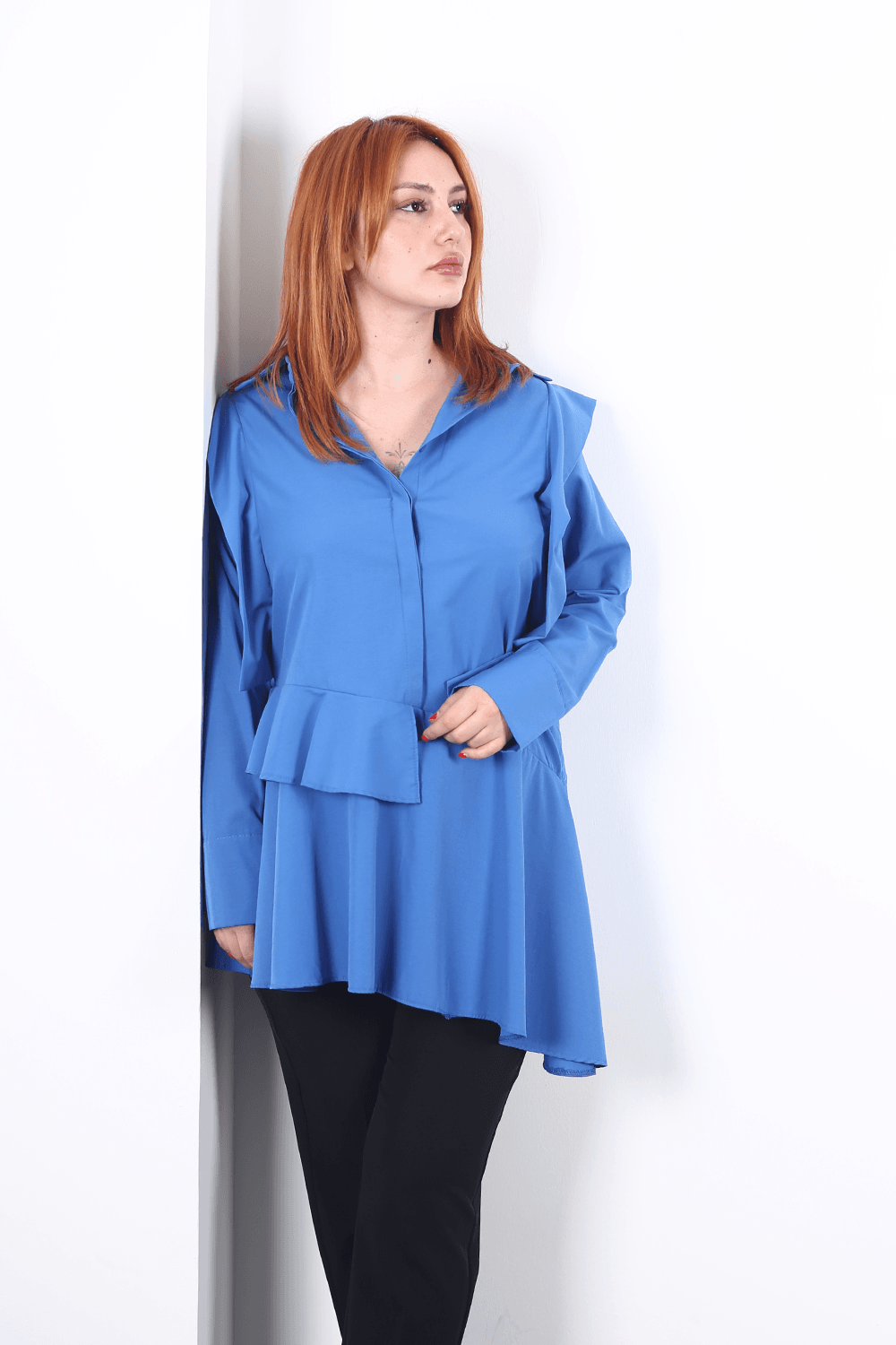 Modavega Asimetrik Kesim Omuzları Valonlu Poplin Tunik 24502