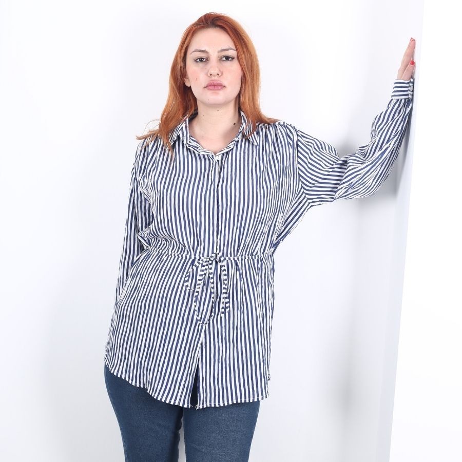 Modavega Çizgili Beli Bağlamalı Gömlek 9325