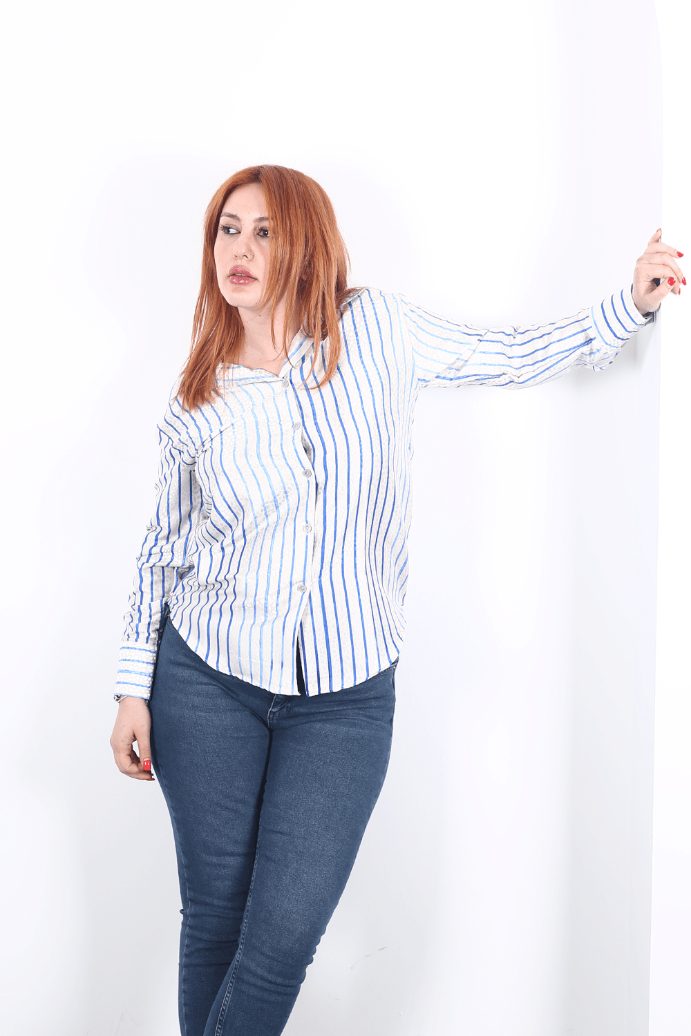 Modavega Çizgili Saten Gömlek 3124