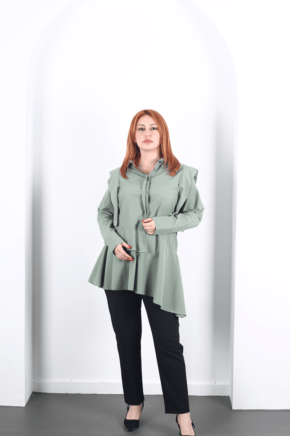 Modavega Asimetrik Kesim Omuzları Valonlu Poplin Tunik 24502