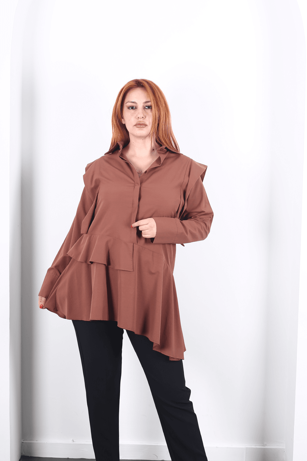 Modavega Asimetrik Kesim Omuzları Valonlu Poplin Tunik 24502