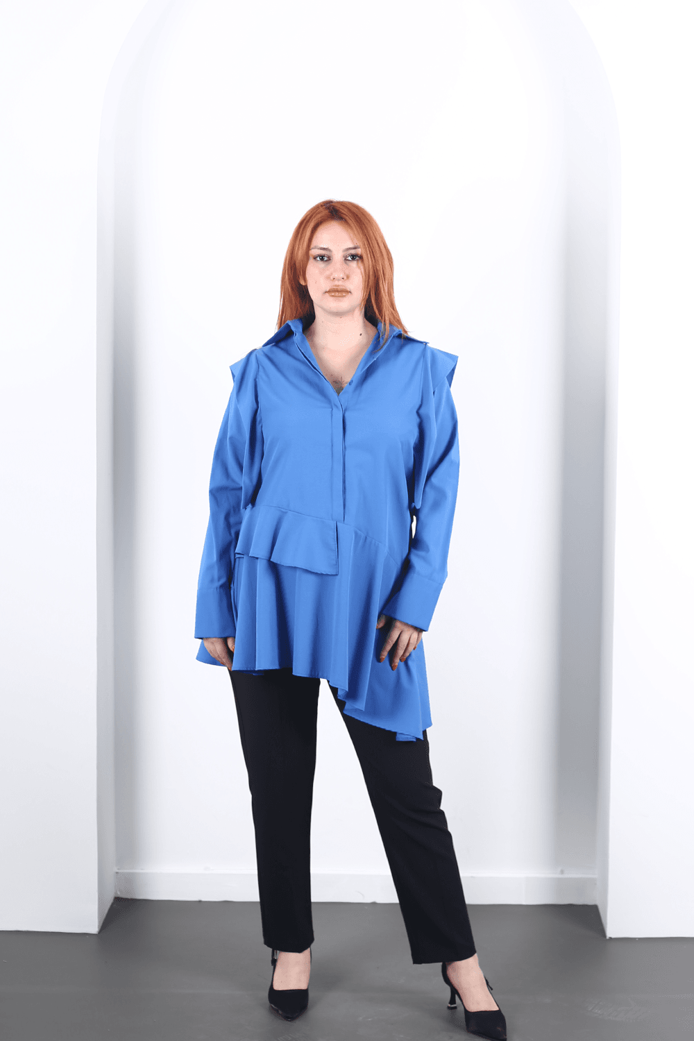 Modavega Asimetrik Kesim Omuzları Valonlu Poplin Tunik 24502