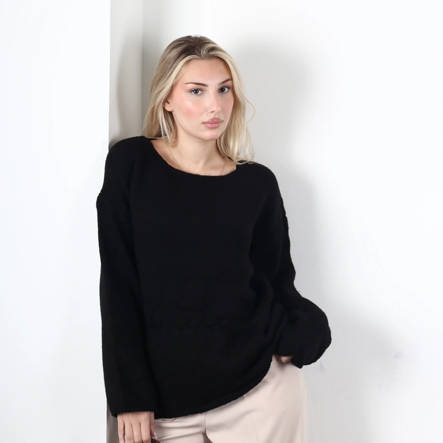 Modavega Beli Saç Örgü Detay Bol Kollu Triko Kazak 7090