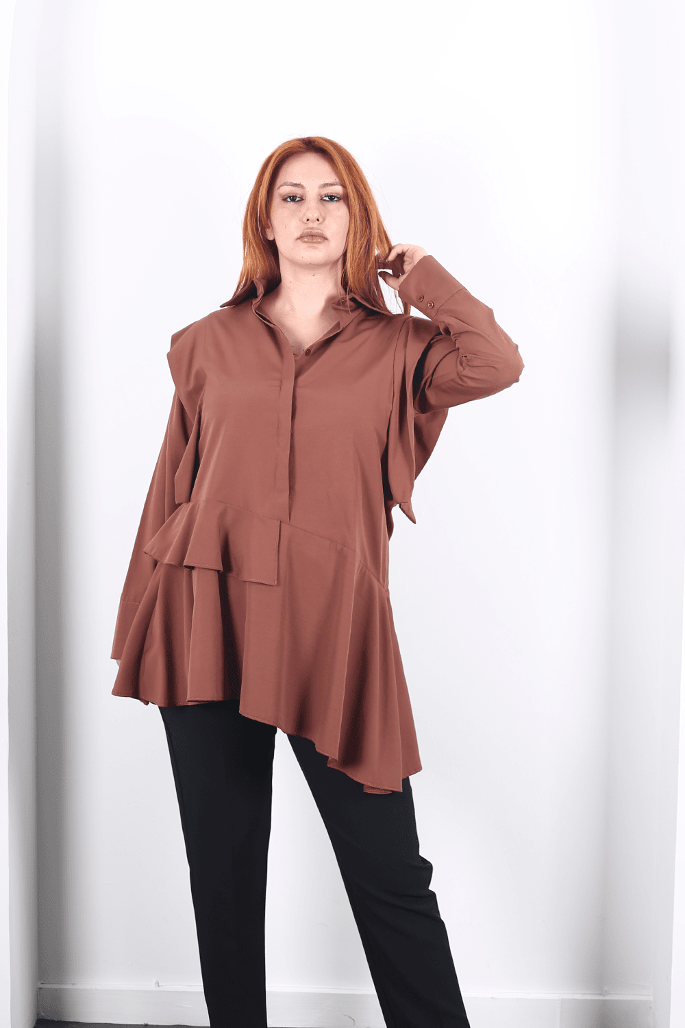 Modavega Asimetrik Kesim Omuzları Valonlu Poplin Tunik 24502