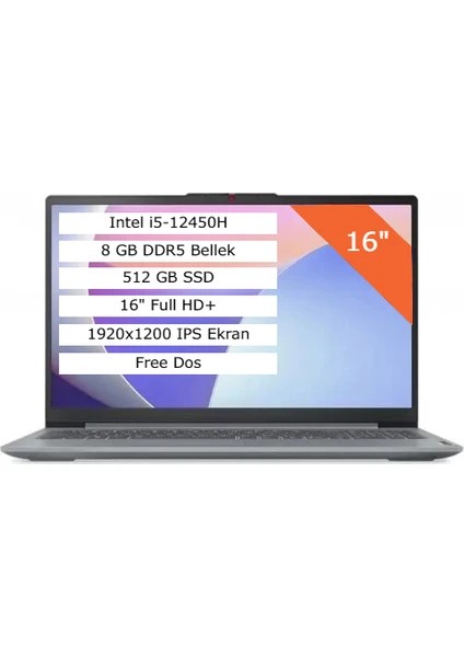 Lenovo Ideapad Slim 3 I5-12450H 8g 512G SSD 16 Fhd+ 1920X1200 IPS Panel Freedos Arctic Grey 83ES0033TR