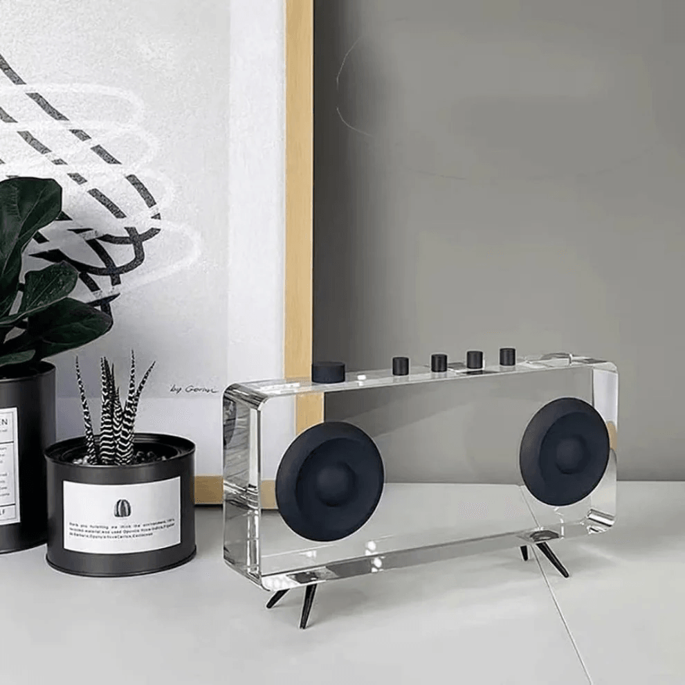 Dekoratif Kristal Cam Retro Radyo Tasarımlı Obje – Şeffaf Masaüstü Dekor Ürünü