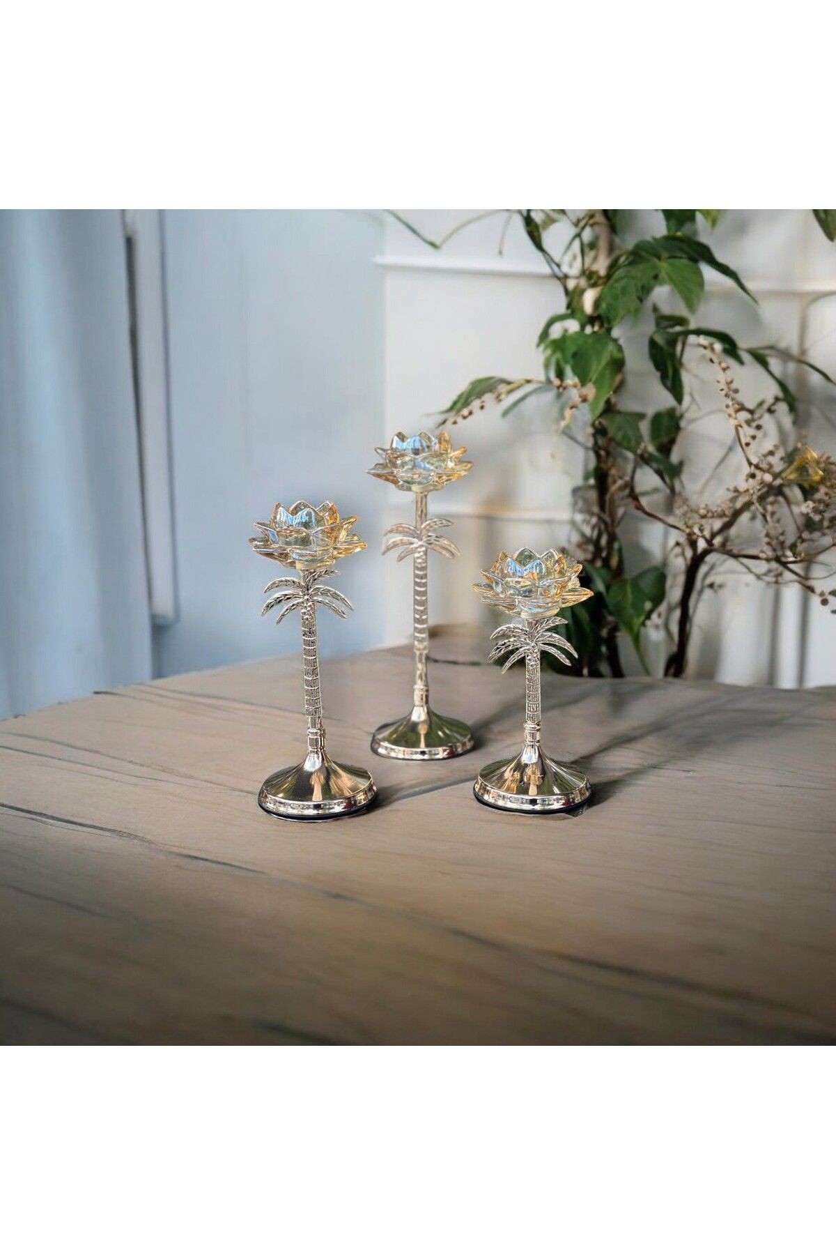3'lü Palmiye Gold Şamdan